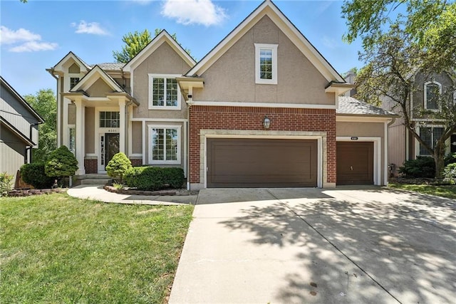 8301 W 156th St, Overland Park, KS 66223 - traditional home with concrete driveway, stucco siding, a front yard, and brick siding
