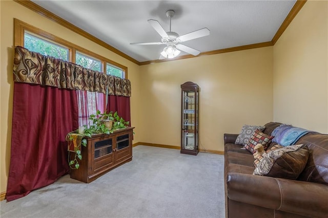4000 SW Boulder Dr, Lees Summit, MO 64082 - living area featuring ornamental molding, carpet floors, and ceiling fan