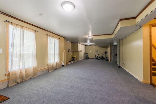 4000 SW Boulder Dr, Lees Summit, MO 64082 - basement with carpet flooring, stairs, and ornamental molding