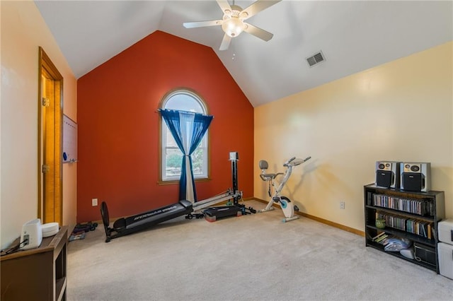 4000 SW Boulder Dr, Lees Summit, MO 64082 - exercise room featuring vaulted ceiling, ceiling fan, and carpet