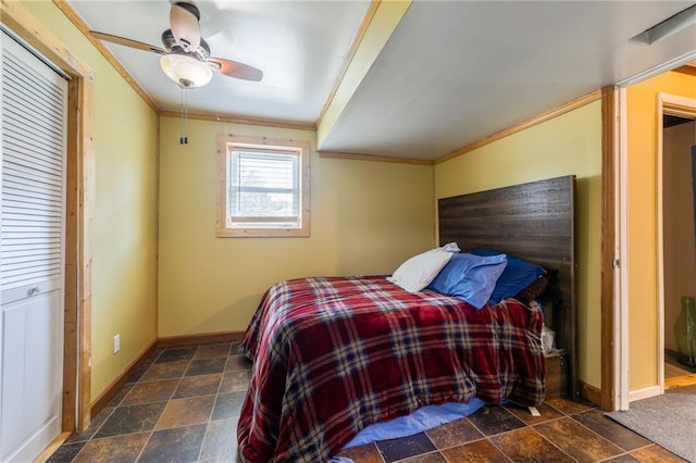 4000 SW Boulder Dr, Lees Summit, MO 64082 - bedroom featuring stone finish floors, ornamental molding, and a ceiling fan