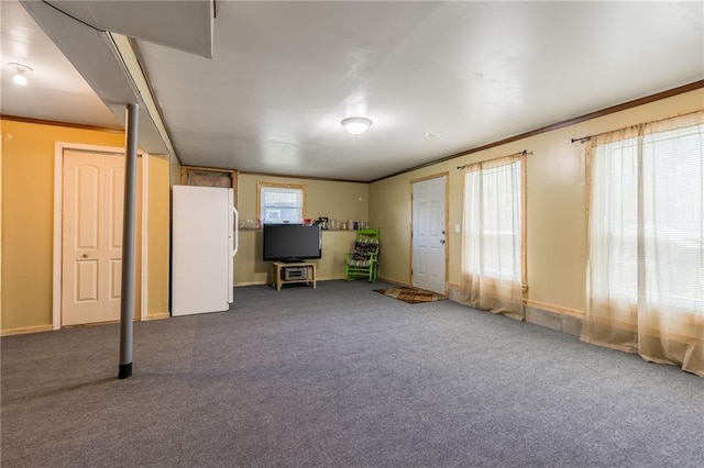4000 SW Boulder Dr, Lees Summit, MO 64082 - basement featuring freestanding refrigerator, carpet floors, and crown molding
