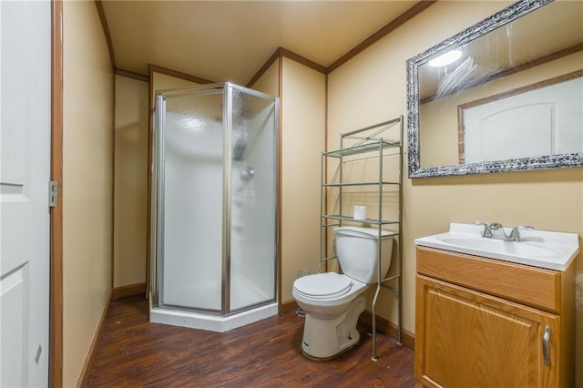 4000 SW Boulder Dr, Lees Summit, MO 64082 - full bathroom with wood finished floors, a stall shower, vanity, and crown molding