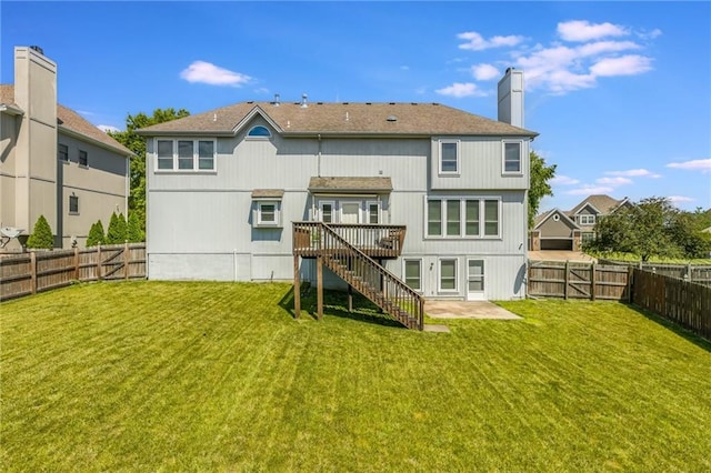 4000 SW Boulder Dr, Lees Summit, MO 64082 - back of house featuring stairs, a fenced backyard, a wooden deck, and a chimney