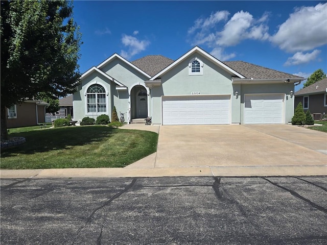 22604 Vincent St, Peculiar, MO 64078 - ranch-style house with a garage, a front lawn, concrete driveway, and stucco siding