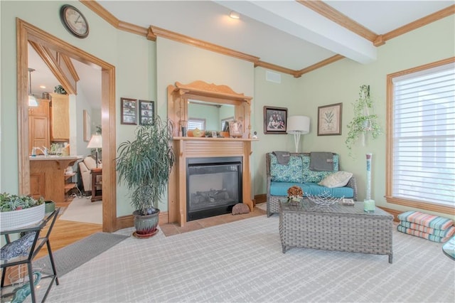 22604 Vincent St, Peculiar, MO 64078 - living area featuring crown molding, plenty of natural light, a glass covered fireplace, and beam ceiling