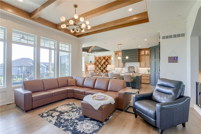 17325 Bradshaw St, Overland Park, KS 66221 - living area with a chandelier, plenty of natural light, beam ceiling, light wood-style flooring, and recessed lighting