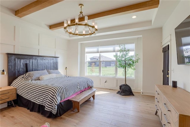 17325 Bradshaw St, Overland Park, KS 66221 - bedroom featuring beam ceiling, a chandelier, light wood finished floors, and recessed lighting