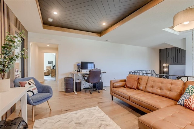 17325 Bradshaw St, Overland Park, KS 66221 - office space with a tray ceiling, light wood finished floors, and recessed lighting