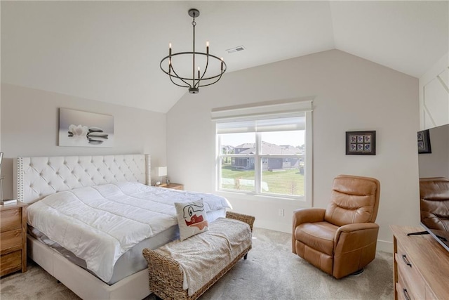 17325 Bradshaw St, Overland Park, KS 66221 - bedroom featuring vaulted ceiling, a chandelier, and light colored carpet
