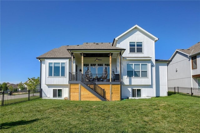 17325 Bradshaw St, Overland Park, KS 66221 - rear view of house with stairs, a ceiling fan, a fenced backyard, and roof with shingles
