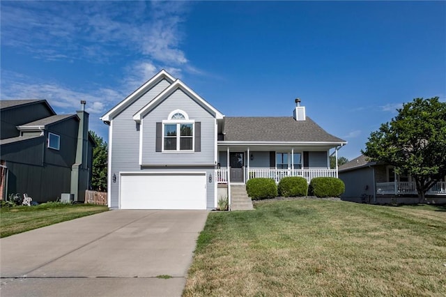 12497 S Marion St, Olathe, KS 66061 - tri-level home featuring a garage, a porch, concrete driveway, a front lawn, and a chimney