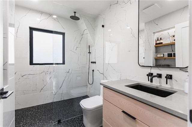5500 Mission Rd, Fairway, KS 66205 - full bathroom featuring vanity, a marble finish shower, tile walls, and marble finish floors