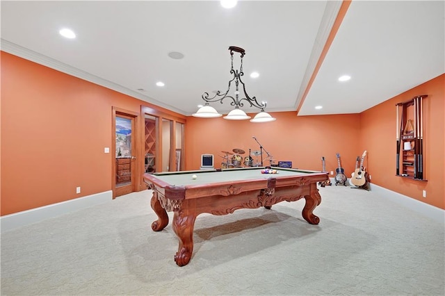 12333 Westgate St, Overland Park, KS 66213 - rec room with carpet flooring, recessed lighting, pool table, and crown molding