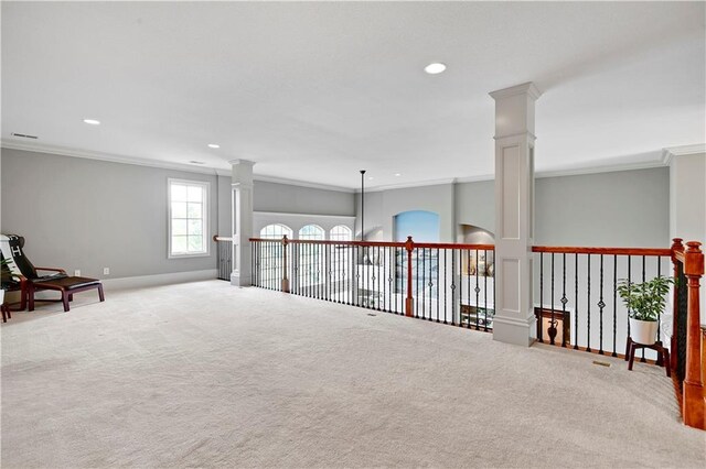 12333 Westgate St, Overland Park, KS 66213 - living area featuring ornamental molding, carpet flooring, recessed lighting, and ornate columns