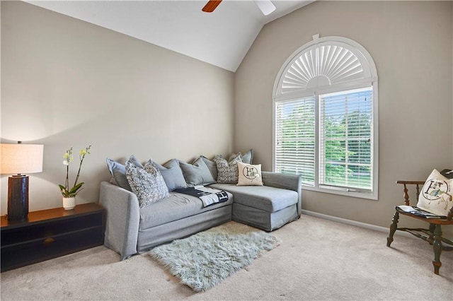 12333 Westgate St, Overland Park, KS 66213 - living area featuring a ceiling fan, carpet floors, and vaulted ceiling