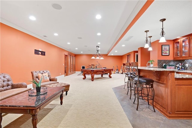 12333 Westgate St, Overland Park, KS 66213 - playroom featuring wet bar, billiards, recessed lighting, light colored carpet, and ornamental molding