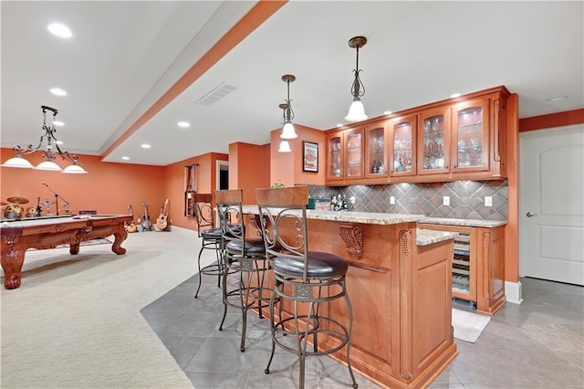 12333 Westgate St, Overland Park, KS 66213 - indoor wet bar featuring recessed lighting, decorative backsplash, billiards, pendant lighting, and light tile patterned floors