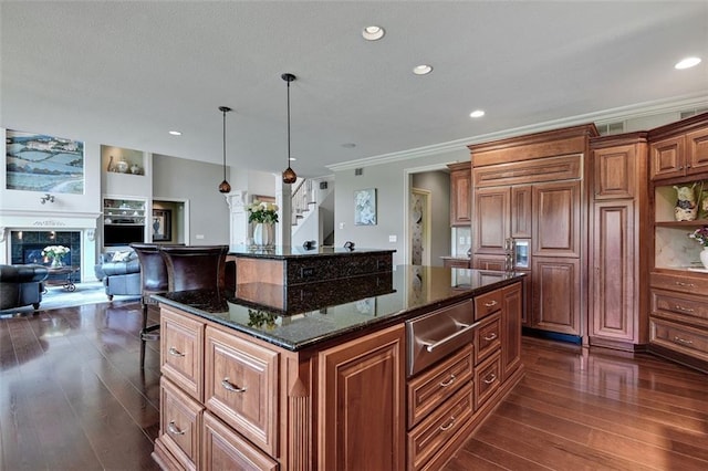 12333 Westgate St, Overland Park, KS 66213 - kitchen with a warming drawer, dark wood-style flooring, crown molding, recessed lighting, and dark stone counters