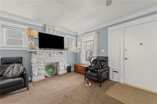 3443 Agnes Ave, Kansas City, MO 64128 - living area featuring carpet, a textured ceiling, crown molding, and a stone fireplace