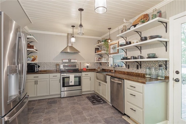 2010 Eugene Field Ave, Saint Joseph, MO 64505 - kitchen with open shelves, stainless steel appliances, dark countertops, wall chimney range hood, and backsplash