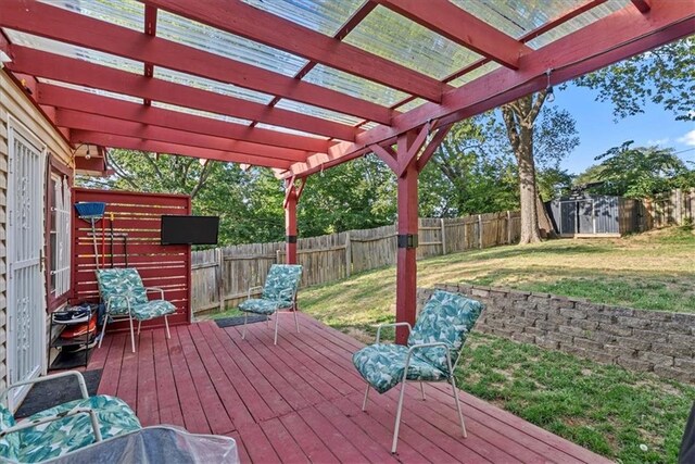 3021 Topping Ave, Kansas City, MO 64129 - deck with a fenced backyard, a pergola, and a shed