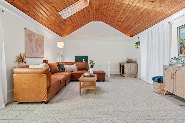 3600 NE 52nd Ter, Kansas City, MO 64119 - tiled living room featuring wooden ceiling, vaulted ceiling, and a skylight