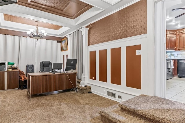 3600 NE 52nd Ter, Kansas City, MO 64119 - carpeted office with crown molding, a decorative wall, a chandelier, coffered ceiling, and decorative columns