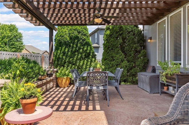 14920 S Roxburghe St, Olathe, KS 66061 - view of patio featuring a pergola, outdoor dining space, and ceiling fan