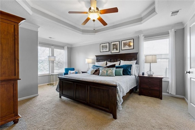 14920 S Roxburghe St, Olathe, KS 66061 - bedroom featuring a raised ceiling, light carpet, ornamental molding, and ceiling fan