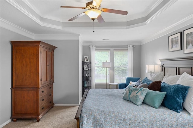 14920 S Roxburghe St, Olathe, KS 66061 - bedroom featuring a raised ceiling, light colored carpet, crown molding, and a ceiling fan