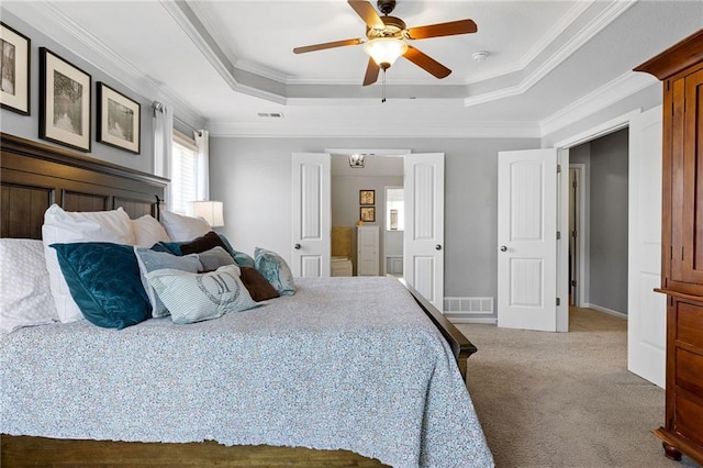 14920 S Roxburghe St, Olathe, KS 66061 - bedroom featuring a tray ceiling, carpet flooring, ornamental molding, and a ceiling fan