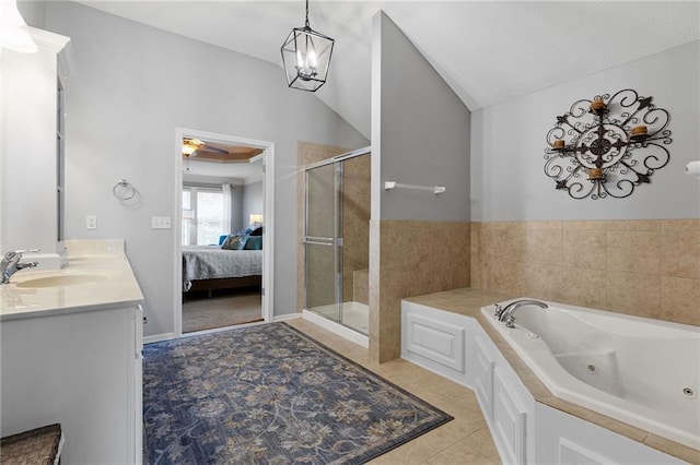 14920 S Roxburghe St, Olathe, KS 66061 - ensuite bathroom featuring a stall shower, a tub with jets, double vanity, and vaulted ceiling