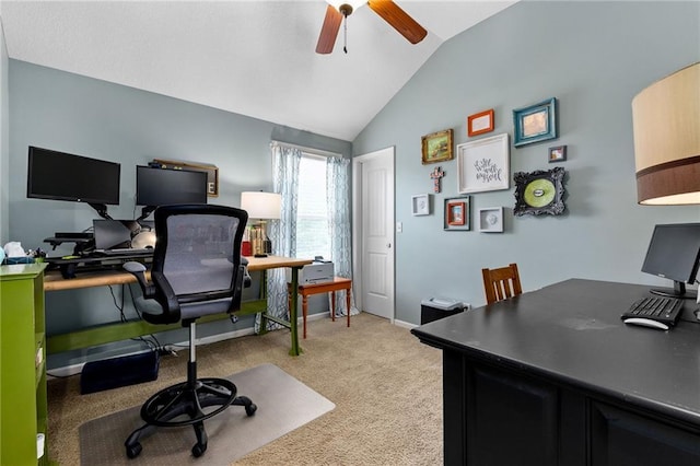 14920 S Roxburghe St, Olathe, KS 66061 - office featuring vaulted ceiling, ceiling fan, and light carpet