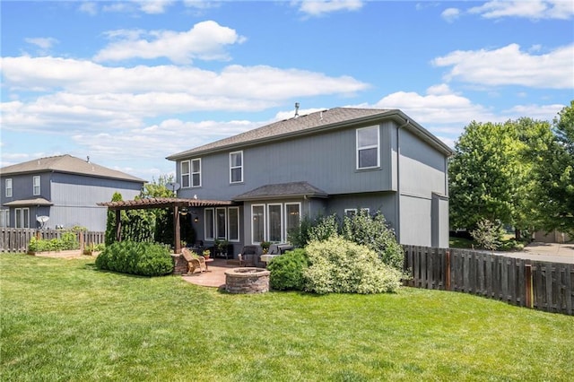 14920 S Roxburghe St, Olathe, KS 66061 - rear view of house featuring a fire pit, a pergola, a fenced backyard, and a patio