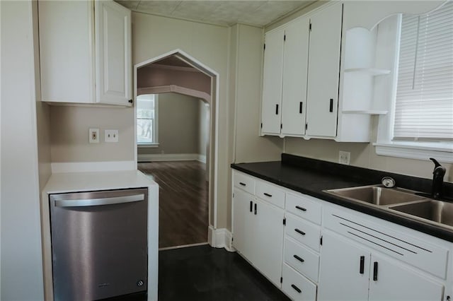 2603 Patee St, Saint Joseph, MO 64507 - kitchen with dishwasher, open shelves, white cabinetry, and dark countertops