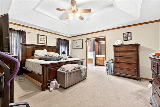 15820 W 150th Ter, Olathe, KS 66062 - bedroom featuring a tray ceiling, light colored carpet, ceiling fan, ensuite bathroom, and crown molding