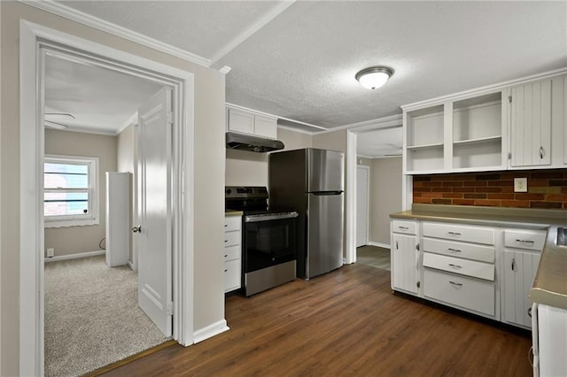 813 S Hardy Ave, Independence, MO 64053 - kitchen with appliances with stainless steel finishes, under cabinet range hood, ornamental molding, white cabinets, and dark wood finished floors