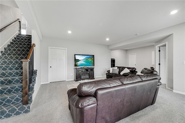 1296 NW Lindenwood Dr, Grain Valley, MO 64029 - living room with carpet floors, recessed lighting, and stairs