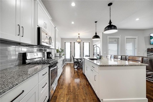 1296 NW Lindenwood Dr, Grain Valley, MO 64029 - kitchen featuring stainless steel appliances, tasteful backsplash, recessed lighting, dark wood-style flooring, and white cabinetry