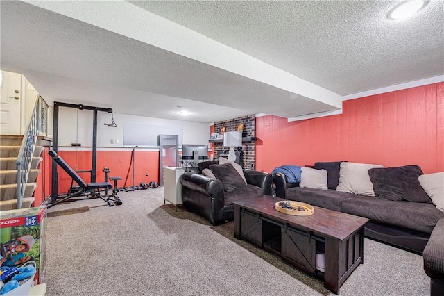 4252 SE Valleyview Ln, Holt, MO 64048 - carpeted living area with a textured ceiling, stairs, and wooden walls