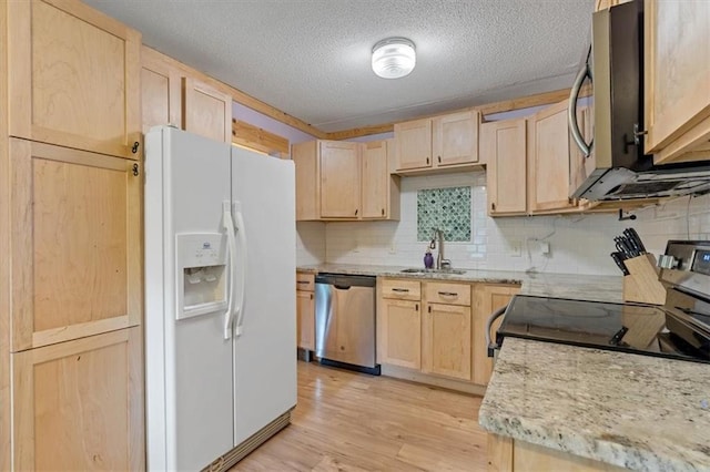 733 S Chestnut St, Olathe, KS 66061 - kitchen with appliances with stainless steel finishes, light brown cabinets, light wood-style floors, decorative backsplash, and a textured ceiling
