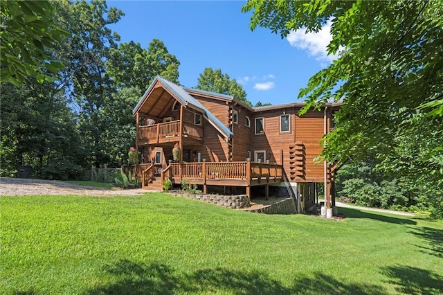 389 NW 1851st Rd, Kingsville, MO 64061 - rear view of property with a lawn, a wooden deck, a balcony, and log exterior