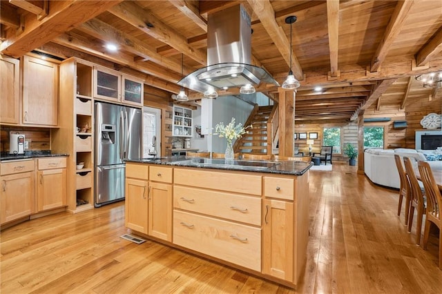 389 NW 1851st Rd, Kingsville, MO 64061 - kitchen with stainless steel refrigerator with ice dispenser, light brown cabinetry, a wooden ceiling with exposed beams, black electric cooktop, and light wood-style floors