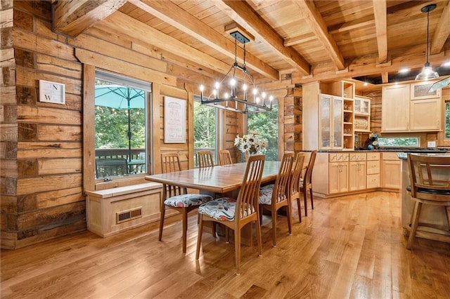 389 NW 1851st Rd, Kingsville, MO 64061 - dining room with a wood ceiling with exposed beams, light wood finished floors, a chandelier, and wooden walls