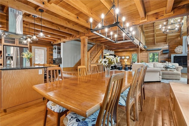 389 NW 1851st Rd, Kingsville, MO 64061 - dining area featuring a chandelier, a wood ceiling with exposed beams, light wood-type flooring, stairway, and wooden walls