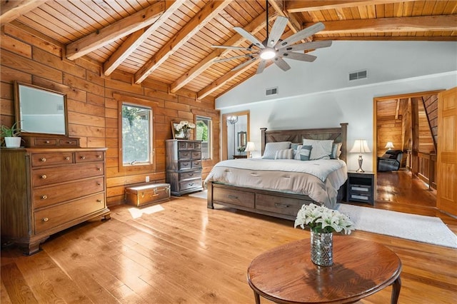 389 NW 1851st Rd, Kingsville, MO 64061 - bedroom featuring a wood ceiling with exposed beams, light wood-type flooring, high vaulted ceiling, wooden walls, and a ceiling fan