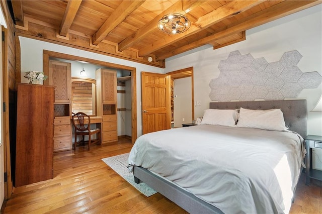 389 NW 1851st Rd, Kingsville, MO 64061 - bedroom featuring a wood ceiling with exposed beams and light wood-style flooring