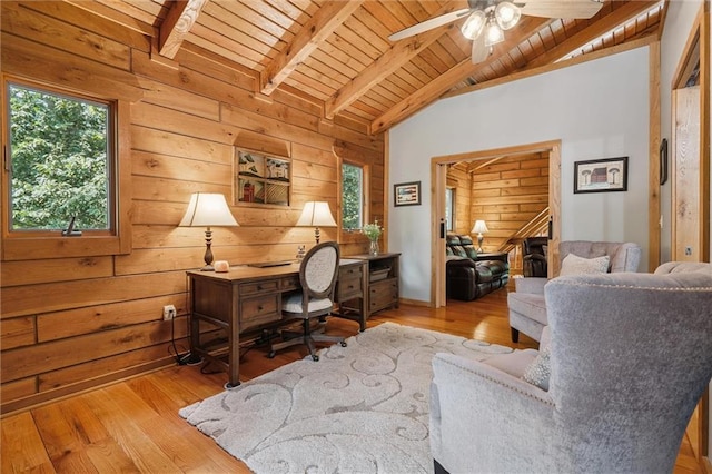 389 NW 1851st Rd, Kingsville, MO 64061 - office space featuring plenty of natural light, wooden ceiling, wood walls, wood finished floors, and a ceiling fan
