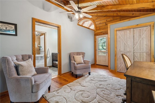 389 NW 1851st Rd, Kingsville, MO 64061 - living area with wooden ceiling, ceiling fan, and wood finished floors